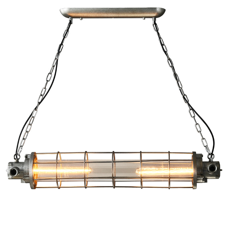 Cylindrical Wire Cage LED Island Light Industrial Silver Metal Pendant Lighting with Inner Clear Glass Shade Clearhalo 'Ceiling Lights' 'Island Lights' Lighting' 2460551