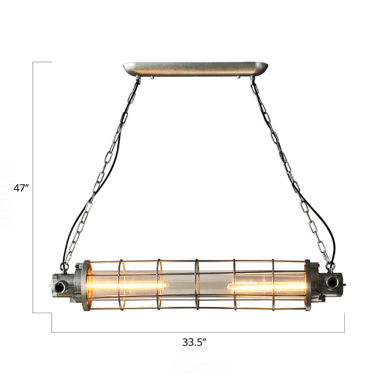 Cylindrical Wire Cage LED Island Light Industrial Silver Metal Pendant Lighting with Inner Clear Glass Shade Clearhalo 'Ceiling Lights' 'Island Lights' Lighting' 2460552
