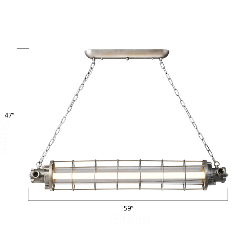 Cylindrical Wire Cage LED Island Light Industrial Silver Metal Pendant Lighting with Inner Clear Glass Shade Clearhalo 'Ceiling Lights' 'Island Lights' Lighting' 2460555
