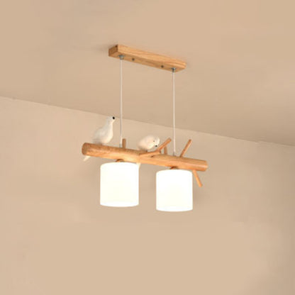 Opal Glass Cylinder Pendant Light Nordic Wood Island Light with Resin Bird Decor 2 Wood Clearhalo 'Ceiling Lights' 'Island Lights' Lighting' 2460560