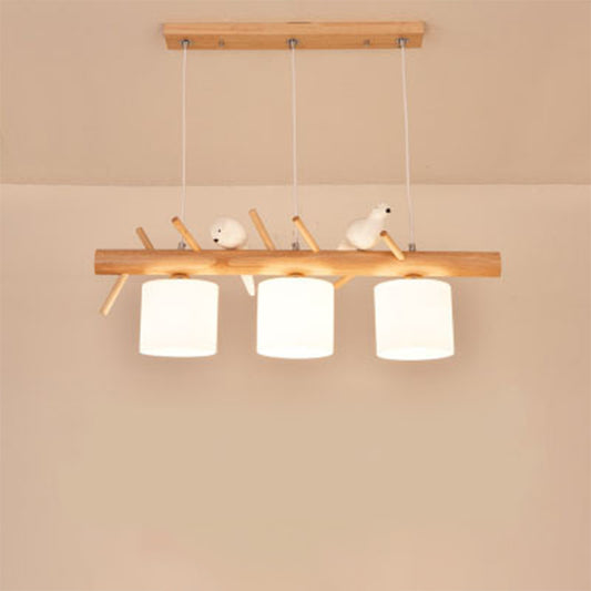 Opal Glass Cylinder Pendant Light Nordic Wood Island Light with Resin Bird Decor 3 Wood Clearhalo 'Ceiling Lights' 'Island Lights' Lighting' 2460561