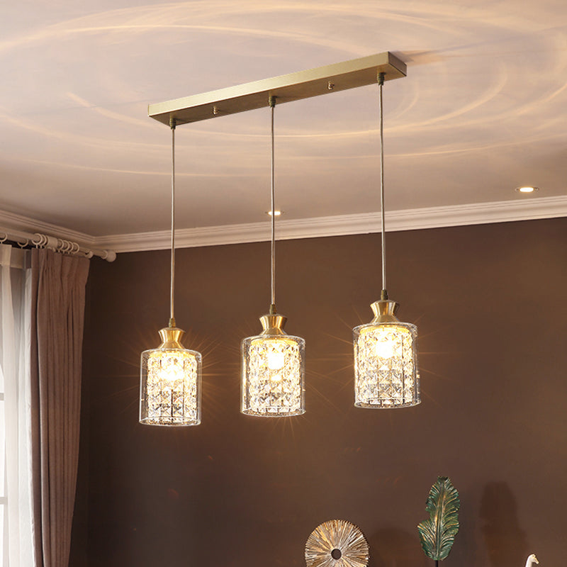 Postmodern Shaded Multiple Hanging Light Crystal 3 Heads Dining Room Suspension Pendant in Gold Clearhalo 'Ceiling Lights' 'Modern Pendants' 'Modern' 'Pendant Lights' 'Pendants' Lighting' 2460639