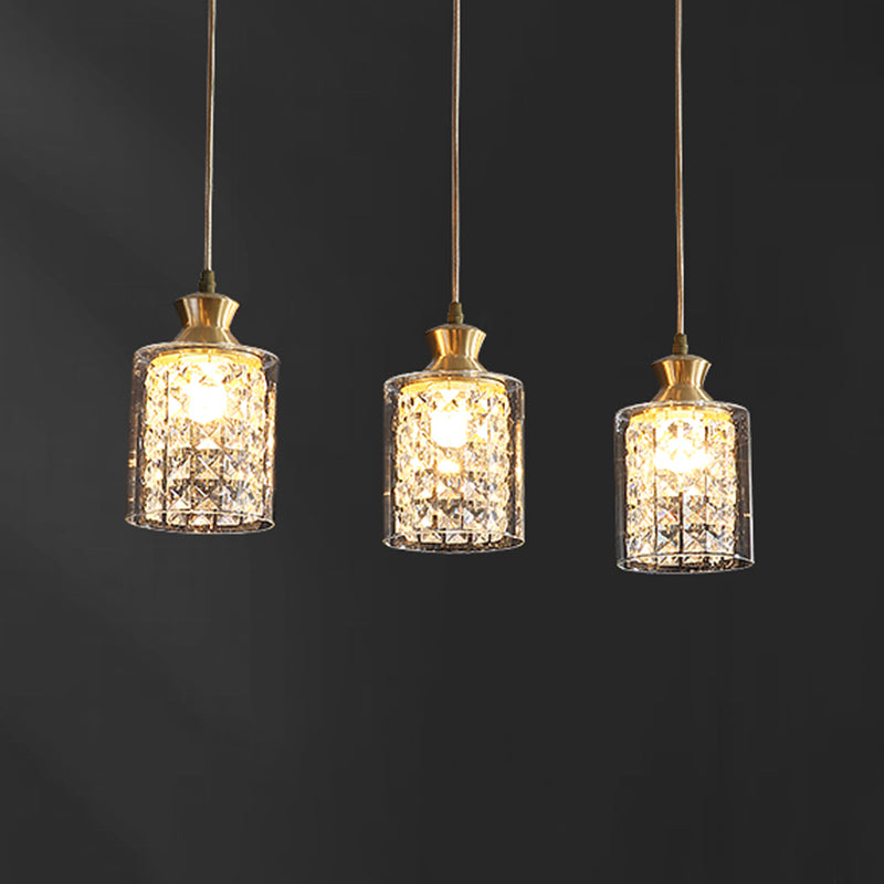 Postmodern Shaded Multiple Hanging Light Crystal 3 Heads Dining Room Suspension Pendant in Gold Clearhalo 'Ceiling Lights' 'Modern Pendants' 'Modern' 'Pendant Lights' 'Pendants' Lighting' 2460643