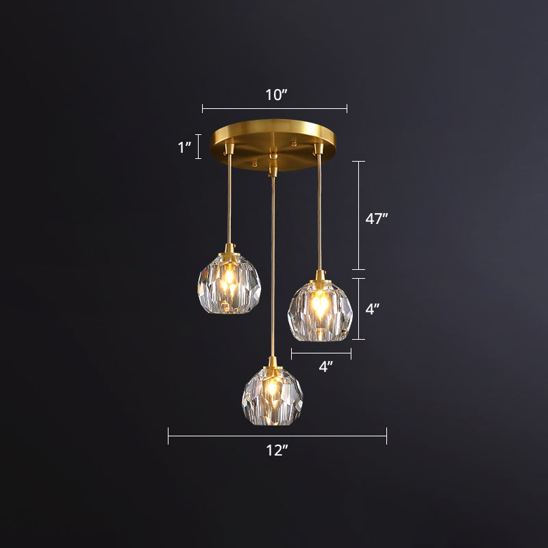 Postmodern Shaded Multiple Hanging Light Crystal 3 Heads Dining Room Suspension Pendant in Gold Clearhalo 'Ceiling Lights' 'Modern Pendants' 'Modern' 'Pendant Lights' 'Pendants' Lighting' 2460646