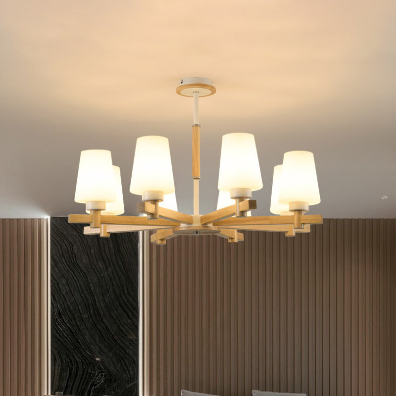 Milk Glass Tapered Chandelier Modern Wood Suspension Light Fixture for Living Room Clearhalo 'Carpenter Chandeliers' 'Ceiling Lights' 'Chandeliers' 'Industrial' 'Modern Chandeliers' 'Modern' Lighting' 2460744