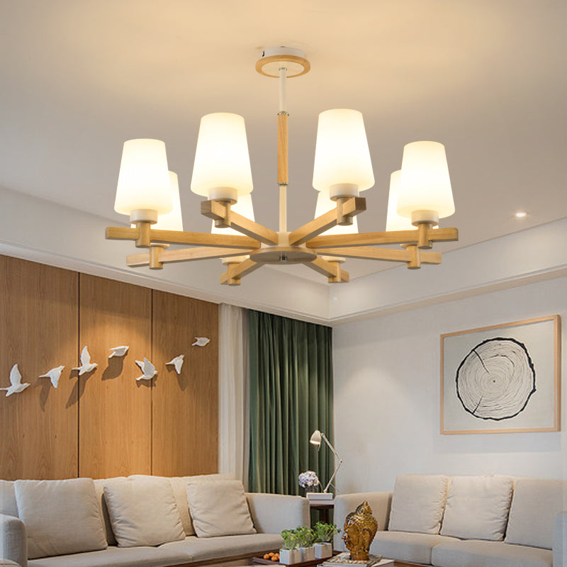 Milk Glass Tapered Chandelier Modern Wood Suspension Light Fixture for Living Room 8 Wood Clearhalo 'Carpenter Chandeliers' 'Ceiling Lights' 'Chandeliers' 'Industrial' 'Modern Chandeliers' 'Modern' Lighting' 2460745