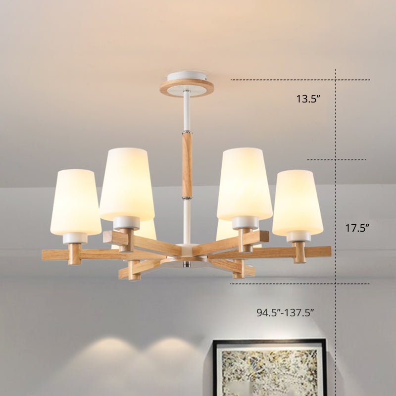 Milk Glass Tapered Chandelier Modern Wood Suspension Light Fixture for Living Room Clearhalo 'Carpenter Chandeliers' 'Ceiling Lights' 'Chandeliers' 'Industrial' 'Modern Chandeliers' 'Modern' Lighting' 2460746