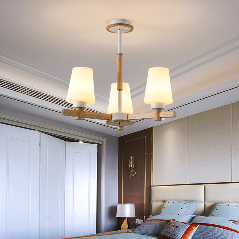 Milk Glass Tapered Chandelier Modern Wood Suspension Light Fixture for Living Room 3 Wood Clearhalo 'Carpenter Chandeliers' 'Ceiling Lights' 'Chandeliers' 'Industrial' 'Modern Chandeliers' 'Modern' Lighting' 2460747