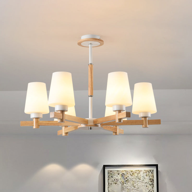 Milk Glass Tapered Chandelier Modern Wood Suspension Light Fixture for Living Room 6 Wood Clearhalo 'Carpenter Chandeliers' 'Ceiling Lights' 'Chandeliers' 'Industrial' 'Modern Chandeliers' 'Modern' Lighting' 2460749