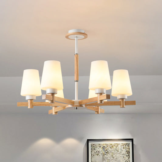 Milk Glass Tapered Chandelier Modern Wood Suspension Light Fixture for Living Room 6 Wood Clearhalo 'Carpenter Chandeliers' 'Ceiling Lights' 'Chandeliers' 'Industrial' 'Modern Chandeliers' 'Modern' Lighting' 2460749