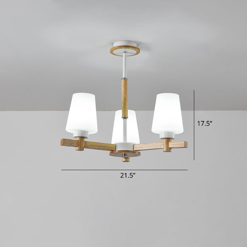 Milk Glass Tapered Chandelier Modern Wood Suspension Light Fixture for Living Room Clearhalo 'Carpenter Chandeliers' 'Ceiling Lights' 'Chandeliers' 'Industrial' 'Modern Chandeliers' 'Modern' Lighting' 2460750