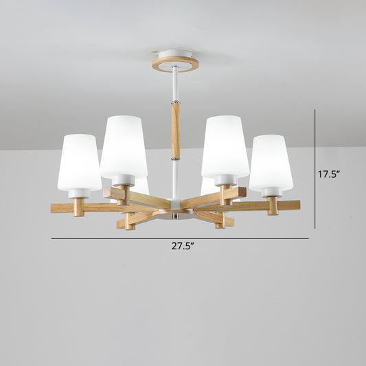 Milk Glass Tapered Chandelier Modern Wood Suspension Light Fixture for Living Room Clearhalo 'Carpenter Chandeliers' 'Ceiling Lights' 'Chandeliers' 'Industrial' 'Modern Chandeliers' 'Modern' Lighting' 2460751