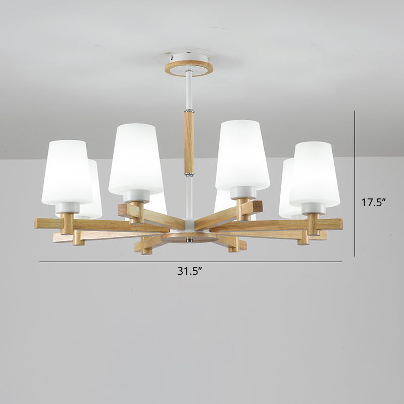Milk Glass Tapered Chandelier Modern Wood Suspension Light Fixture for Living Room Clearhalo 'Carpenter Chandeliers' 'Ceiling Lights' 'Chandeliers' 'Industrial' 'Modern Chandeliers' 'Modern' Lighting' 2460752