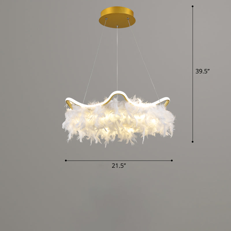 Wavy Metal Suspension Lighting Nordic White-Gold LED Chandelier with Feather Deco Clearhalo 'Ceiling Lights' 'Chandeliers' 'Modern Chandeliers' 'Modern' Lighting' 2460758