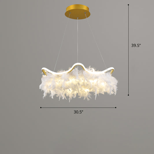 Wavy Metal Suspension Lighting Nordic White-Gold LED Chandelier with Feather Deco Clearhalo 'Ceiling Lights' 'Chandeliers' 'Modern Chandeliers' 'Modern' Lighting' 2460759