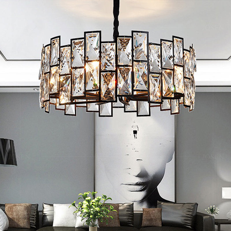 6-Light Living Room Chandelier Modern Black Pendant Light with Drum Crystal Shade Clearhalo 'Ceiling Lights' 'Chandeliers' 'Modern Chandeliers' 'Modern' Lighting' 2460760
