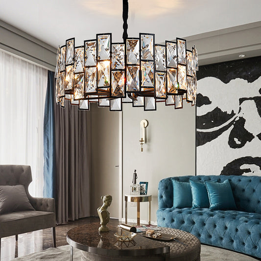 6-Light Living Room Chandelier Modern Black Pendant Light with Drum Crystal Shade Clearhalo 'Ceiling Lights' 'Chandeliers' 'Modern Chandeliers' 'Modern' Lighting' 2460762