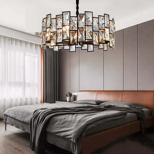 6-Light Living Room Chandelier Modern Black Pendant Light with Drum Crystal Shade Clearhalo 'Ceiling Lights' 'Chandeliers' 'Modern Chandeliers' 'Modern' Lighting' 2460763