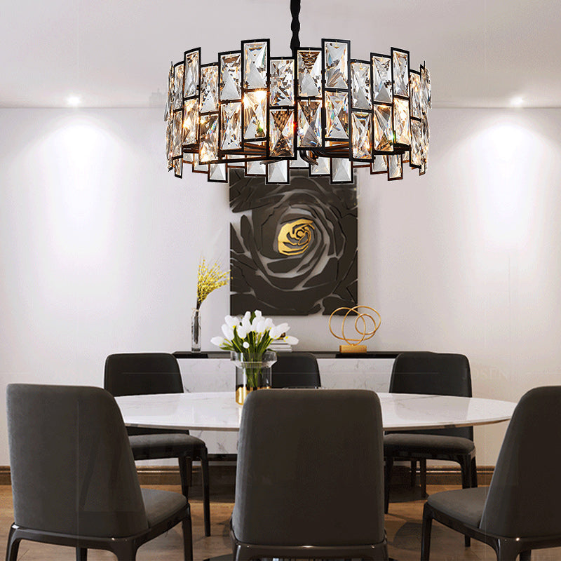 6-Light Living Room Chandelier Modern Black Pendant Light with Drum Crystal Shade Clearhalo 'Ceiling Lights' 'Chandeliers' 'Modern Chandeliers' 'Modern' Lighting' 2460764