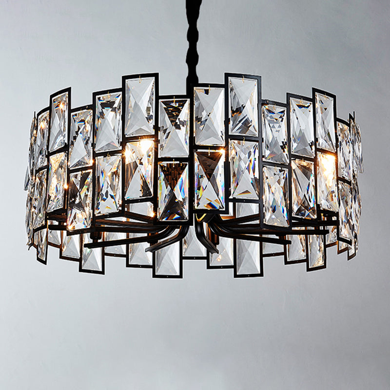 6-Light Living Room Chandelier Modern Black Pendant Light with Drum Crystal Shade Clearhalo 'Ceiling Lights' 'Chandeliers' 'Modern Chandeliers' 'Modern' Lighting' 2460765