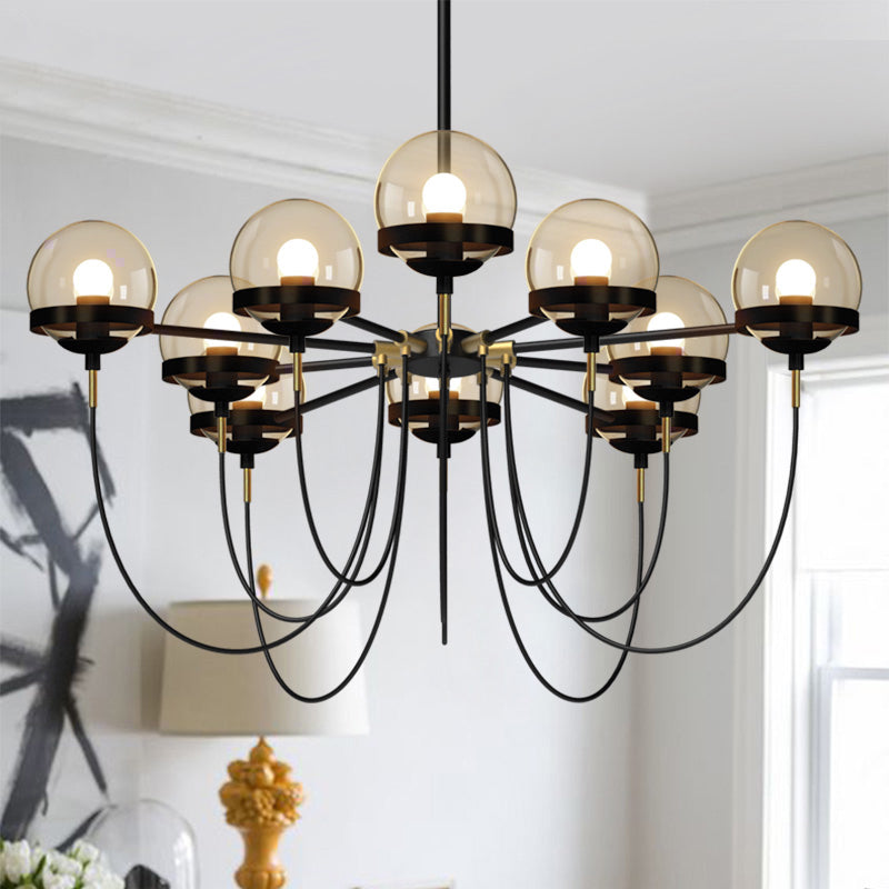 Country Style Ball Chandelier Cognac Glass Suspension Pendant Light with Swoop Arm Clearhalo 'Cast Iron' 'Ceiling Lights' 'Chandeliers' 'Industrial Chandeliers' 'Industrial' 'Metal' 'Middle Century Chandeliers' 'Rustic Chandeliers' 'Tiffany' Lighting' 2460767