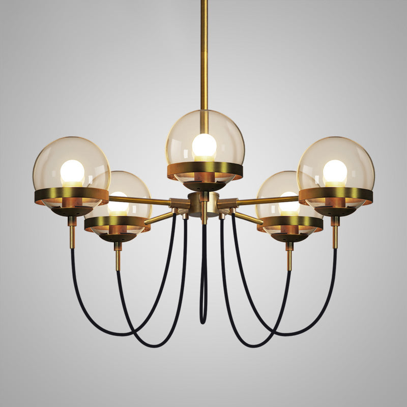 Country Style Ball Chandelier Cognac Glass Suspension Pendant Light with Swoop Arm 5 Bronze Clearhalo 'Cast Iron' 'Ceiling Lights' 'Chandeliers' 'Industrial Chandeliers' 'Industrial' 'Metal' 'Middle Century Chandeliers' 'Rustic Chandeliers' 'Tiffany' Lighting' 2460771