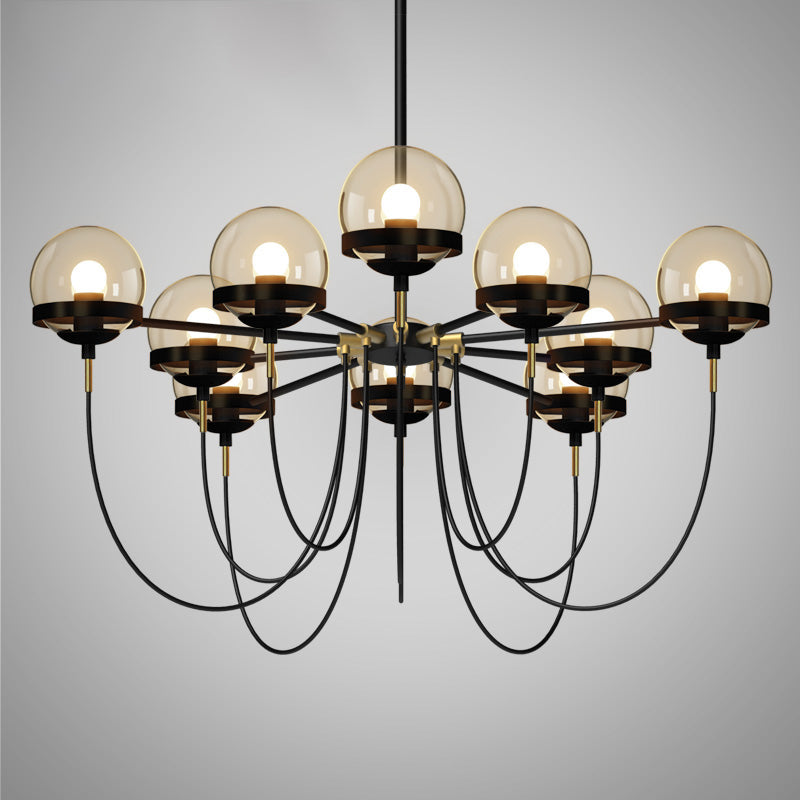 Country Style Ball Chandelier Cognac Glass Suspension Pendant Light with Swoop Arm 10 Black Clearhalo 'Cast Iron' 'Ceiling Lights' 'Chandeliers' 'Industrial Chandeliers' 'Industrial' 'Metal' 'Middle Century Chandeliers' 'Rustic Chandeliers' 'Tiffany' Lighting' 2460773