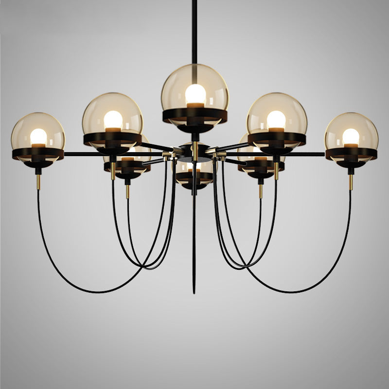 Country Style Ball Chandelier Cognac Glass Suspension Pendant Light with Swoop Arm 8 Black Clearhalo 'Cast Iron' 'Ceiling Lights' 'Chandeliers' 'Industrial Chandeliers' 'Industrial' 'Metal' 'Middle Century Chandeliers' 'Rustic Chandeliers' 'Tiffany' Lighting' 2460775