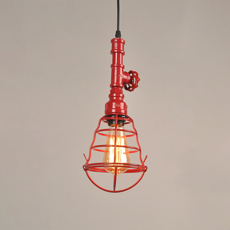 Single Bulb Shaped Cage Pendant Light Industrial Metal Suspension Light Fixture with Red Valve Deco Red Clearhalo 'Art Deco Pendants' 'Black' 'Cast Iron' 'Ceiling Lights' 'Ceramic' 'Crystal' 'Industrial Pendants' 'Industrial' 'Metal' 'Middle Century Pendants' 'Pendant Lights' 'Pendants' 'Rustic Pendants' 'Tiffany' Lighting' 2460904