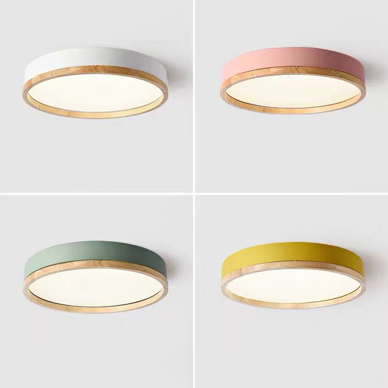 Round Metal Flush Mount Lighting Fixture Macaron LED Ceiling Lamp with Wooden Rim Clearhalo 'Ceiling Lights' 'Close To Ceiling Lights' 'Close to ceiling' 'Flush mount' Lighting' 2460975