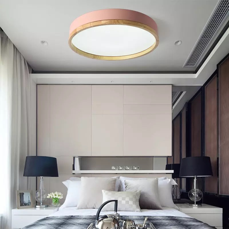 Round Metal Flush Mount Lighting Fixture Macaron LED Ceiling Lamp with Wooden Rim Clearhalo 'Ceiling Lights' 'Close To Ceiling Lights' 'Close to ceiling' 'Flush mount' Lighting' 2460976