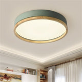 Round Metal Flush Mount Lighting Fixture Macaron LED Ceiling Lamp with Wooden Rim Green Clearhalo 'Ceiling Lights' 'Close To Ceiling Lights' 'Close to ceiling' 'Flush mount' Lighting' 2460977