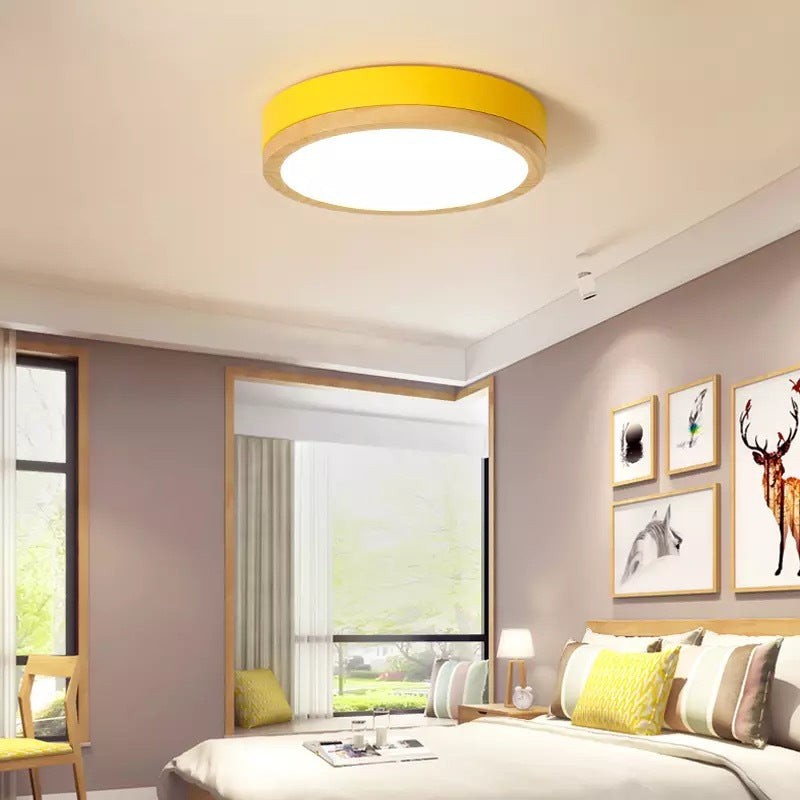 Round Metal Flush Mount Lighting Fixture Macaron LED Ceiling Lamp with Wooden Rim Clearhalo 'Ceiling Lights' 'Close To Ceiling Lights' 'Close to ceiling' 'Flush mount' Lighting' 2460978