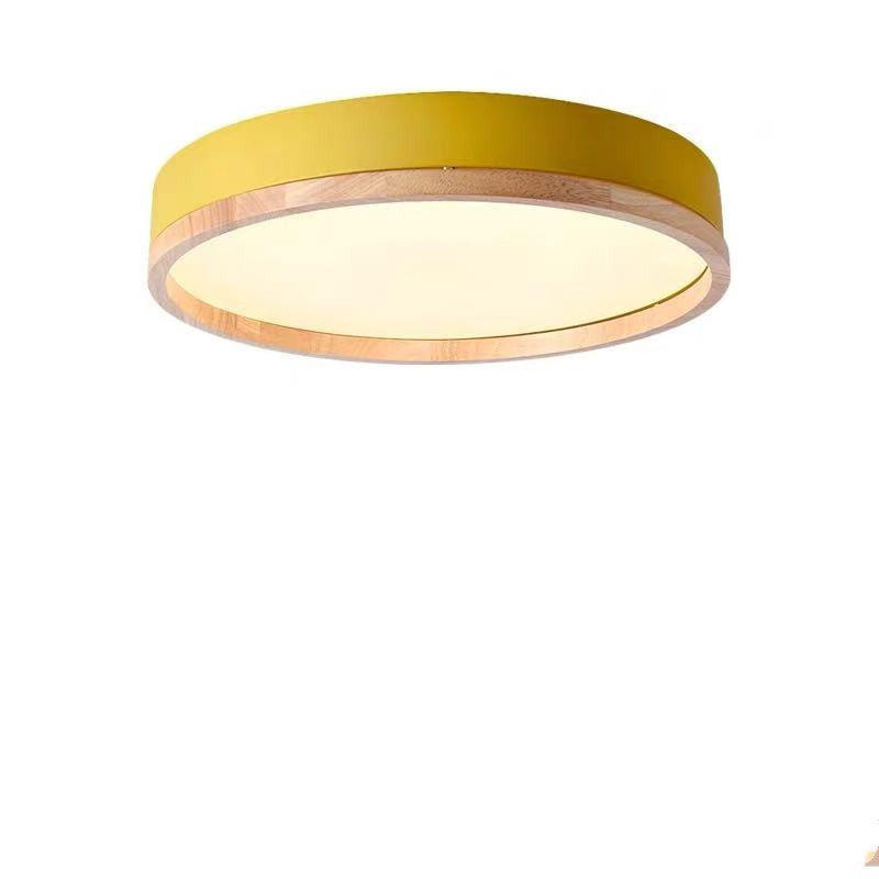 Round Metal Flush Mount Lighting Fixture Macaron LED Ceiling Lamp with Wooden Rim Yellow Clearhalo 'Ceiling Lights' 'Close To Ceiling Lights' 'Close to ceiling' 'Flush mount' Lighting' 2460980