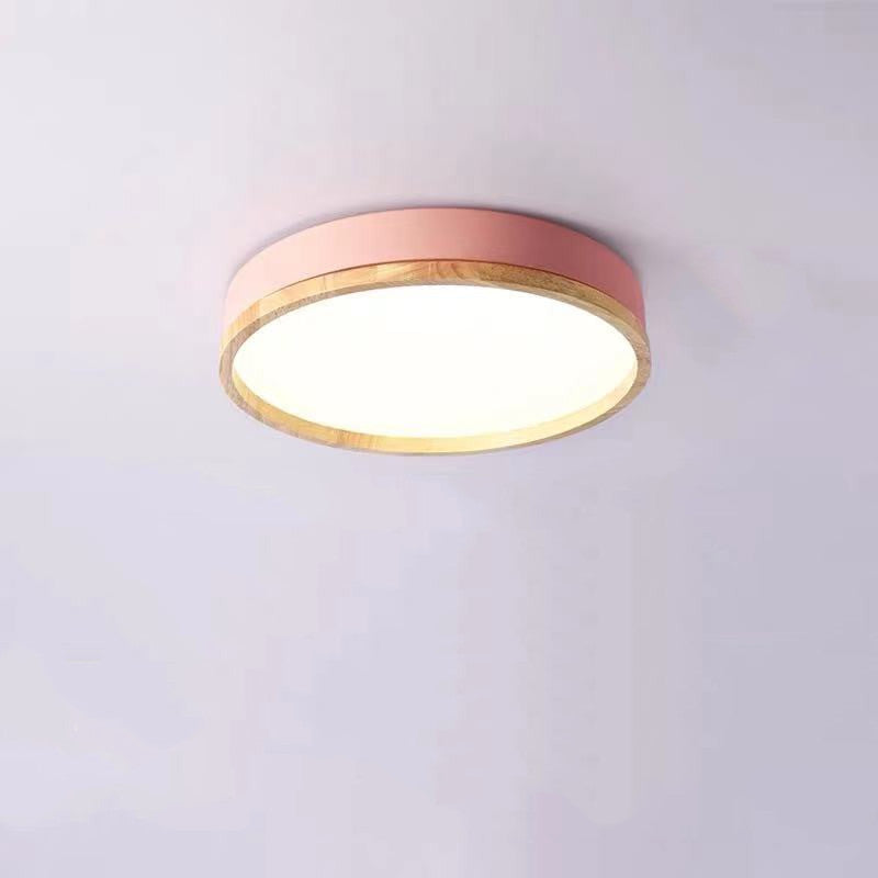 Round Metal Flush Mount Lighting Fixture Macaron LED Ceiling Lamp with Wooden Rim Pink Clearhalo 'Ceiling Lights' 'Close To Ceiling Lights' 'Close to ceiling' 'Flush mount' Lighting' 2460981