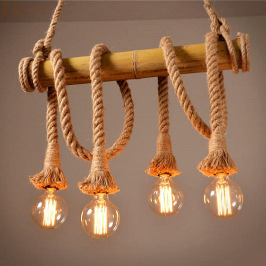 Suspension Lighting Rustic Bare Bulb Rope Pendant Light with Bamboo Pole in Wood 4 Wood Clearhalo 'Ceiling Lights' 'Island Lights' Lighting' 2460992