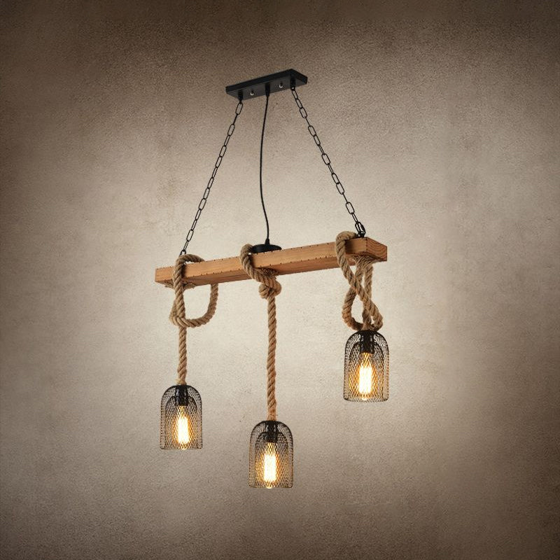 Countryside Mesh Hanging Pendant Lamp Metal Island Lighting with Rope Cord in Wood 3 Wood Clearhalo 'Ceiling Lights' 'Island Lights' Lighting' 2460995