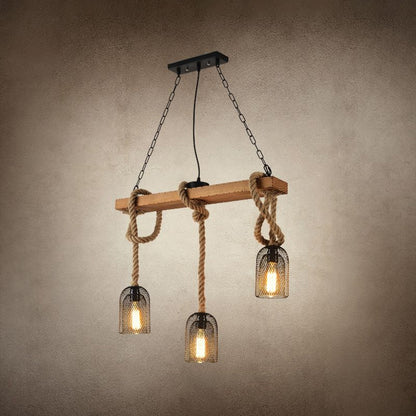 Countryside Mesh Hanging Pendant Lamp Metal Island Lighting with Rope Cord in Wood 3 Wood Clearhalo 'Ceiling Lights' 'Island Lights' Lighting' 2460995