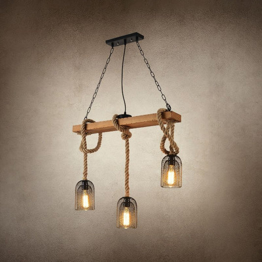 Countryside Mesh Hanging Pendant Lamp Metal Island Lighting with Rope Cord in Wood 3 Wood Clearhalo 'Ceiling Lights' 'Island Lights' Lighting' 2460995