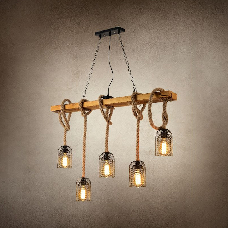 Countryside Mesh Hanging Pendant Lamp Metal Island Lighting with Rope Cord in Wood 5 Wood Clearhalo 'Ceiling Lights' 'Island Lights' Lighting' 2460996