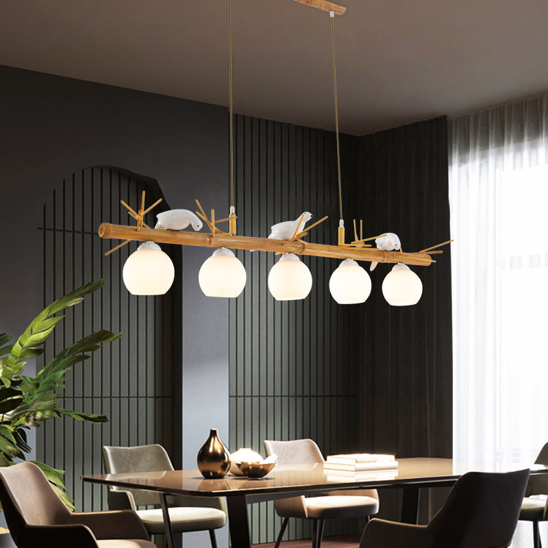 Dome Island Light Fixture Modern Cream Glass Wood Pendant Light with White Bird Deco Clearhalo 'Ceiling Lights' 'Island Lights' Lighting' 2461019