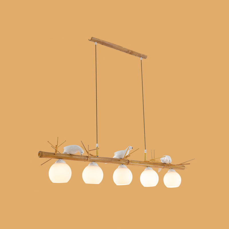 Dome Island Light Fixture Modern Cream Glass Wood Pendant Light with White Bird Deco 5 Wood Clearhalo 'Ceiling Lights' 'Island Lights' Lighting' 2461021