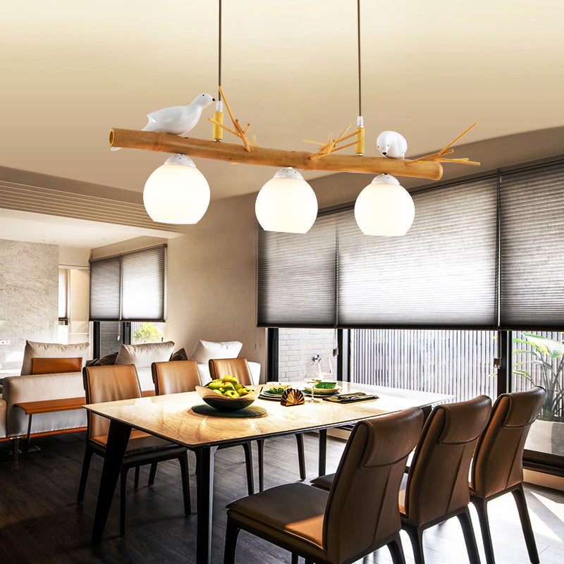 Dome Island Light Fixture Modern Cream Glass Wood Pendant Light with White Bird Deco Clearhalo 'Ceiling Lights' 'Island Lights' Lighting' 2461022