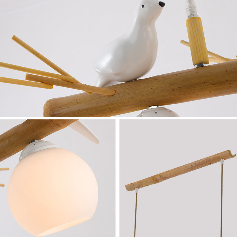 Dome Island Light Fixture Modern Cream Glass Wood Pendant Light with White Bird Deco Clearhalo 'Ceiling Lights' 'Island Lights' Lighting' 2461023