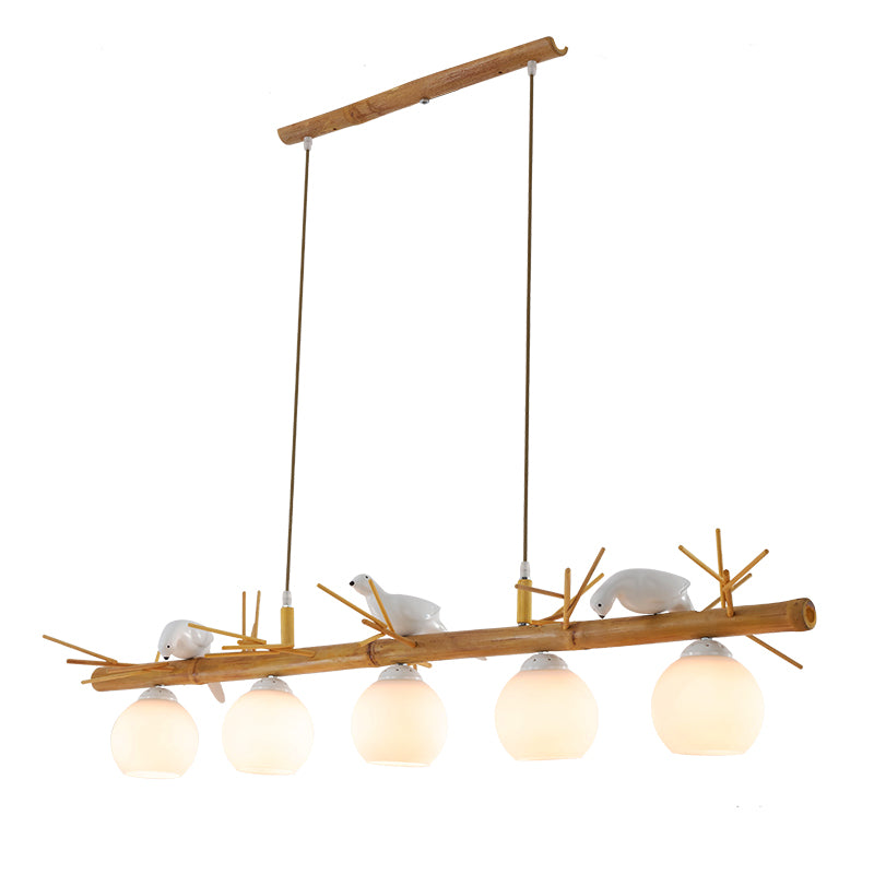 Dome Island Light Fixture Modern Cream Glass Wood Pendant Light with White Bird Deco Clearhalo 'Ceiling Lights' 'Island Lights' Lighting' 2461024