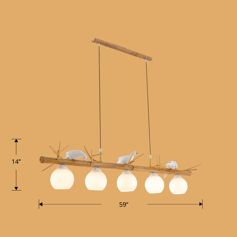 Dome Island Light Fixture Modern Cream Glass Wood Pendant Light with White Bird Deco Clearhalo 'Ceiling Lights' 'Island Lights' Lighting' 2461025