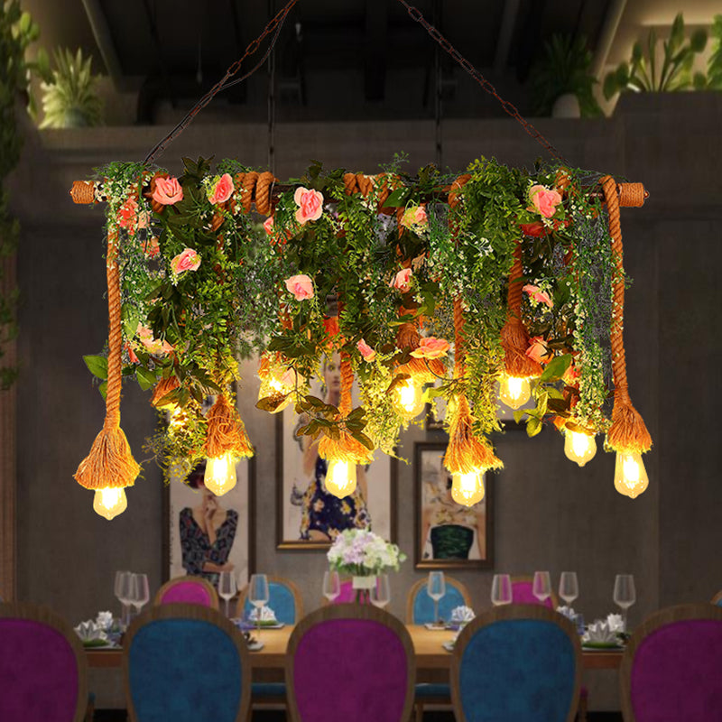 10-Head Exposed Bulb Hanging Lamp Lodge Brown Hemp Rope Island Light with Green Plant Decoration Green Clearhalo 'Ceiling Lights' 'Island Lights' Lighting' 2461027