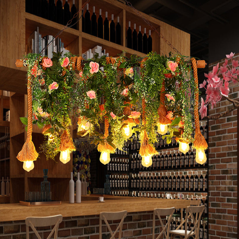 10-Head Exposed Bulb Hanging Lamp Lodge Brown Hemp Rope Island Light with Green Plant Decoration Clearhalo 'Ceiling Lights' 'Island Lights' Lighting' 2461028
