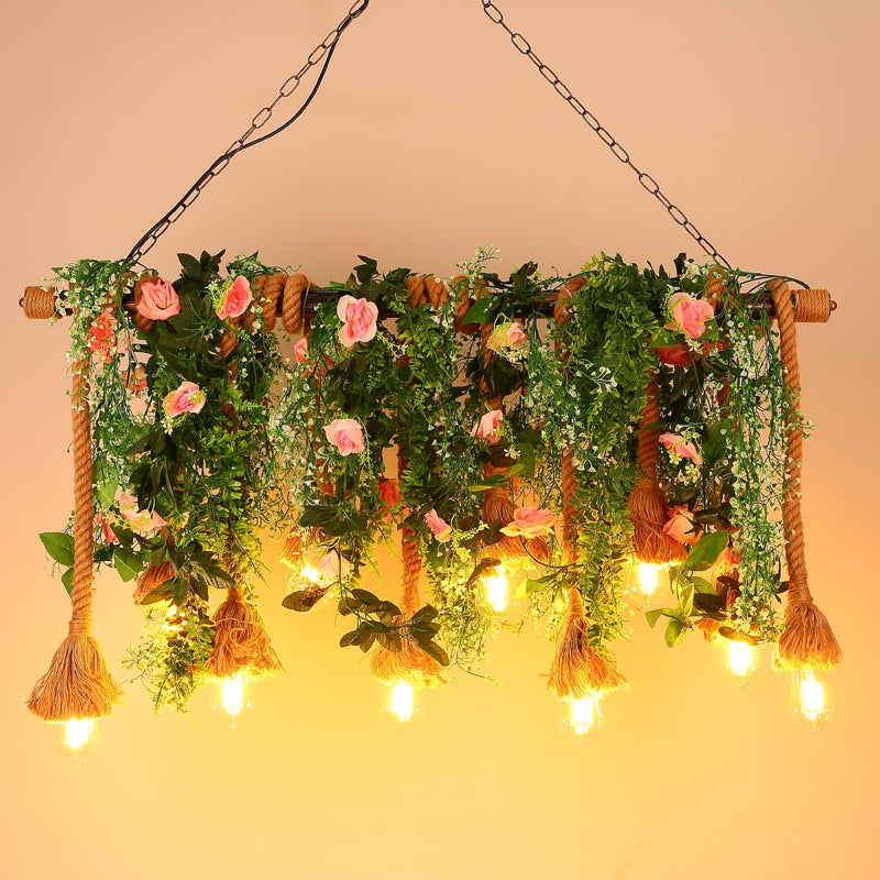 10-Head Exposed Bulb Hanging Lamp Lodge Brown Hemp Rope Island Light with Green Plant Decoration Clearhalo 'Ceiling Lights' 'Island Lights' Lighting' 2461030