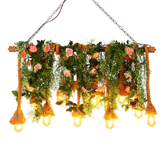 10-Head Exposed Bulb Hanging Lamp Lodge Brown Hemp Rope Island Light with Green Plant Decoration Clearhalo 'Ceiling Lights' 'Island Lights' Lighting' 2461031
